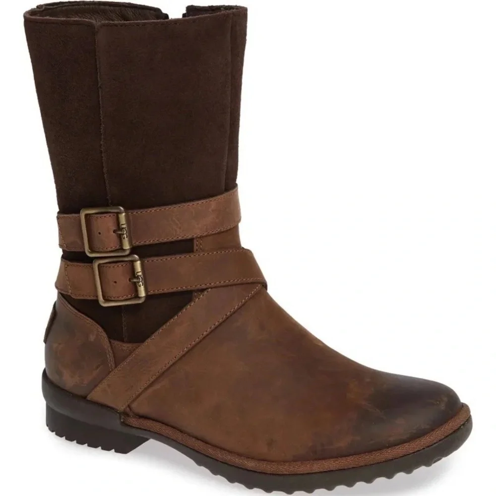 UGG Lorna Waterproof Leather Booties Coconut Brown Size 5 Shearling Lined NWT